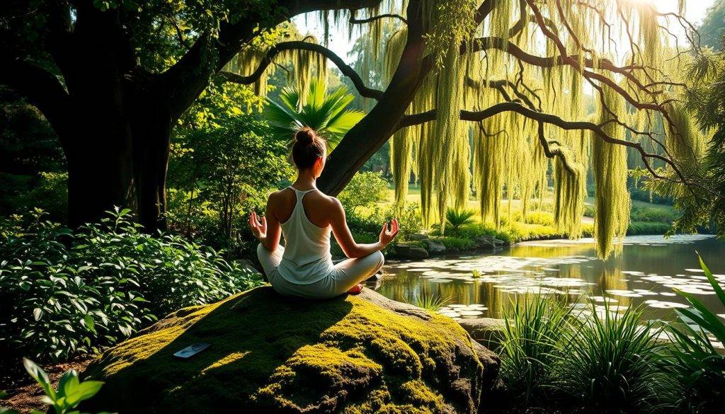 A serene garden scene, with a person seated in a cross-legged meditation pose on a moss-covered rock. Dappled sunlight filters through the lush, verdant foliage, casting a warm, contemplative glow. In the background, a tranquil pond reflects the swaying branches of ancient trees. The atmosphere is one of deep focus and inner calm, inviting the viewer to pause and connect with their own sense of presence and inner strength.