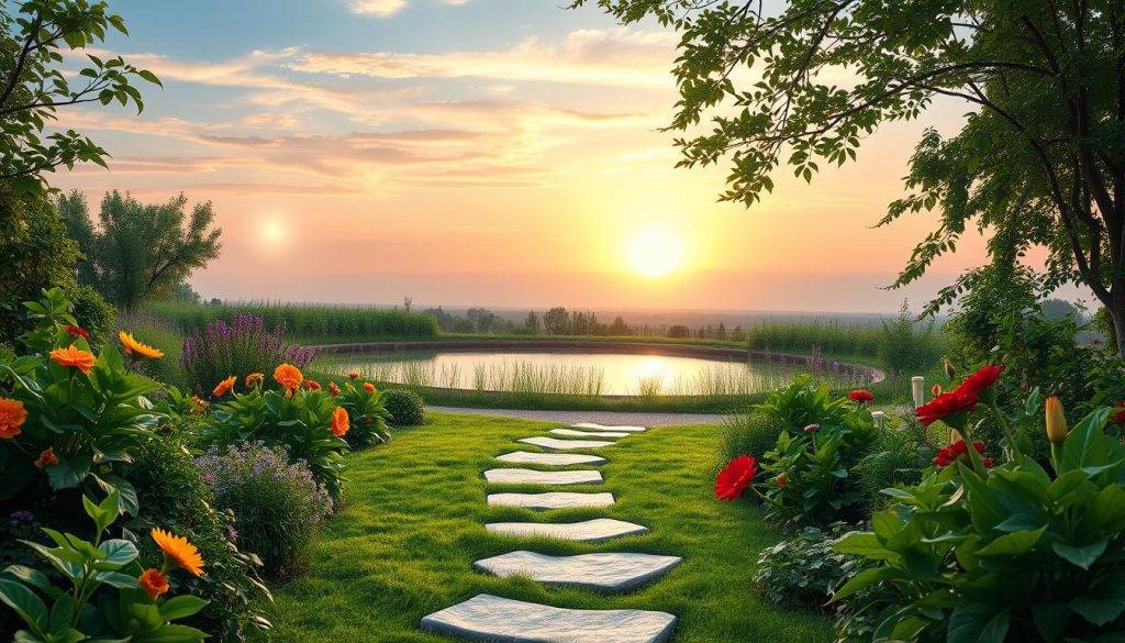 A serene garden setting, lush with verdant foliage and vibrant flowers. In the foreground, a path of stepping stones leads the viewer's eye, each stone representing a practical step in the manifestation process. Hovering above the path, ethereal energy orbs symbolize the power of focused intention. The middle ground features a tranquil pond, its mirrored surface reflecting the sky above, a metaphor for the interconnectedness of inner and outer worlds. In the background, a distant horizon bathes the scene in a warm, golden light, evoking a sense of hope and possibility. The overall atmosphere is one of calm, clarity, and a deep connection to the natural world, inspiring the viewer to embark on their own journey of manifestation.