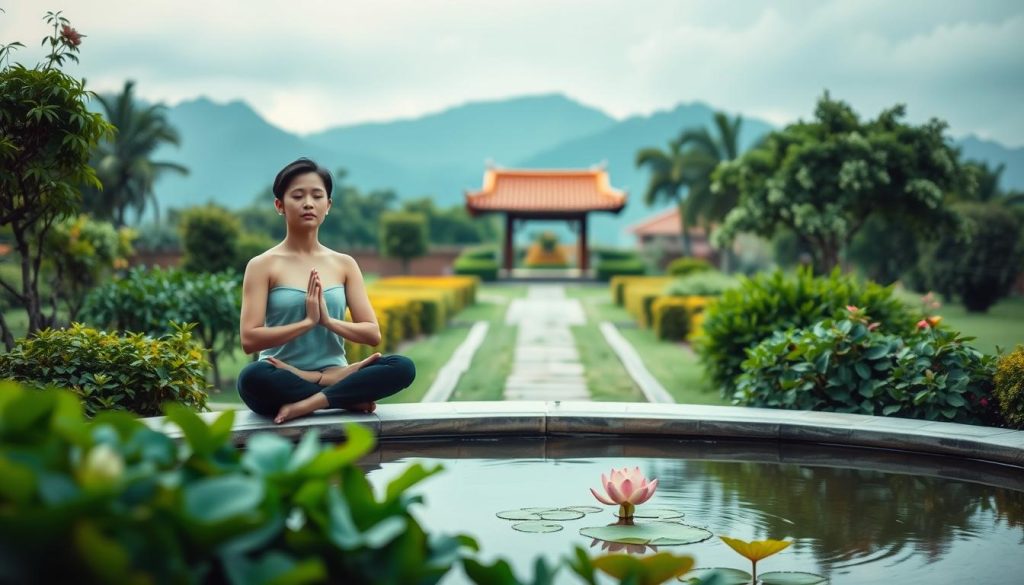 A serene garden setting with a person sitting cross-legged in a meditative pose, their eyes closed and hands resting gently on their lap. The foreground features lush, verdant foliage and a tranquil pond with a single floating lotus blossom. The middle ground showcases a path leading to a small pagoda-style structure, its roof tiled in a warm, earthy tone. The background depicts a mountainous landscape, softly blurred, with a calming, overcast sky. The lighting is soft and diffused, creating a sense of peaceful introspection. Capture this scene with a wide-angle lens, emphasizing the harmony between the natural elements and the mindful figure at the center.