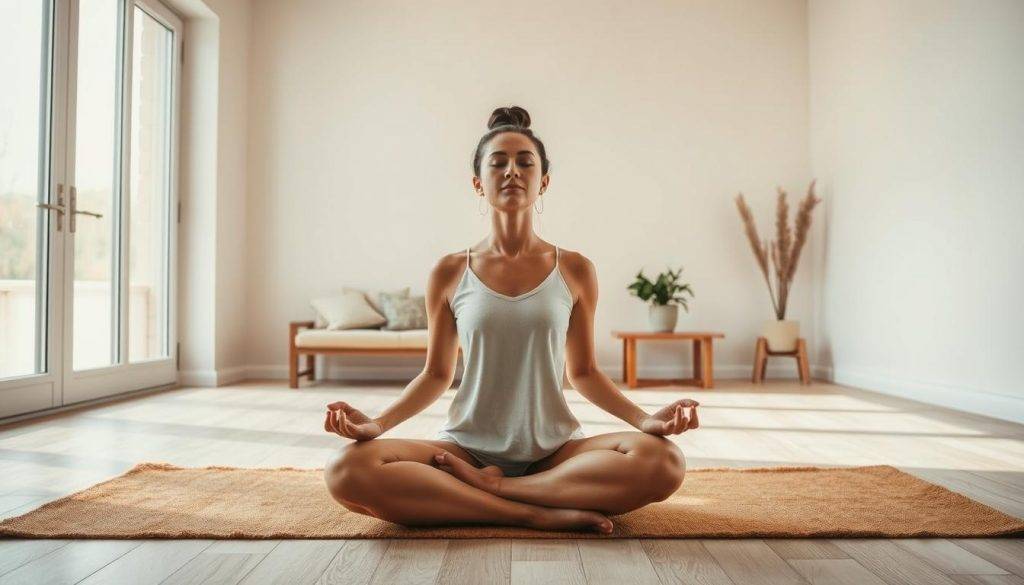 A serene indoor setting with a cozy, minimalist aesthetic. In the foreground, a person sits cross-legged on a plush, earthy-toned yoga mat, their eyes closed in deep concentration as they practice daily relaxation exercises. Soft, diffused natural light filters in through large windows, casting a warm, meditative glow. The middle ground features simple, elegant furniture - a wooden bench and a low table with a potted plant. The background showcases bare, whitewashed walls, creating a sense of tranquility and calm. The overall atmosphere exudes a harmonious, grounding energy, perfectly suited for the "Practical Approaches: Exercises and Daily Practice" section of the "Sophrology: A Holistic Approach to Wellbeing" article.