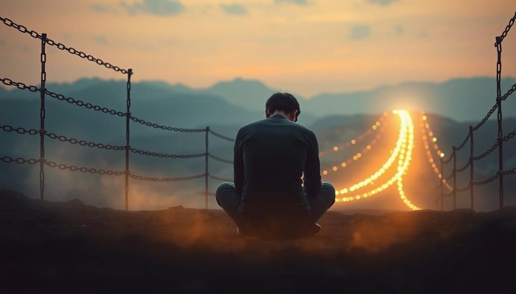 A serene, introspective scene depicting the conflict between limiting beliefs and the path to success. In the foreground, a person sits cross-legged, deep in thought, their head bowed as if weighed down by the mental shackles of self-doubt. Surrounding them, ethereal, semi-transparent chains and barriers symbolize the limiting beliefs that constrain their potential. In the middle ground, a glowing, golden pathway winds into the distance, beckoning the viewer towards a future of possibility and achievement. The background is softly lit, with a warm, encouraging glow that suggests the transformative power of belief and determination. Subtle hints of light and shadow create depth and a sense of introspection, inviting the viewer to contemplate the role of mindset in attaining one's ambitions.