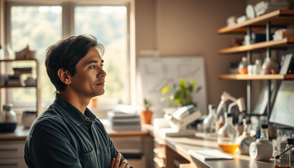 A serene laboratory setting with scientific equipment and research materials. In the foreground, a researcher deeply immersed in contemplation, their face reflecting a compassionate expression. The middle ground features various experimental setups, charts, and graphs, symbolizing the rigorous research process. The background showcases a warm, softly-lit environment, creating a sense of tranquility and focus. Subtle hints of nature, such as a potted plant or a window overlooking a verdant landscape, convey the connection between scientific inquiry and the human experience. The overall scene evokes a balanced, thoughtful approach to the study of compassion, blending empirical investigation with a mindful, empathetic perspective.