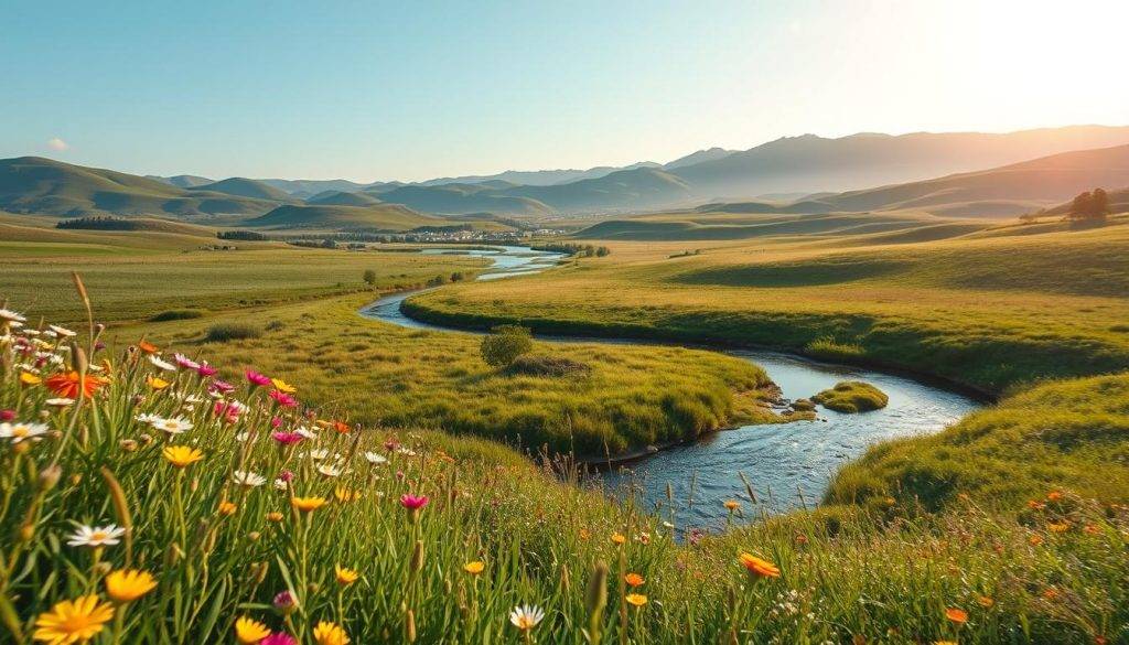 A serene landscape unfolds, with a shifting perspective that reveals an abundance of life. In the foreground, a lush meadow blanketed in vibrant wildflowers sways gently in the breeze. The middle ground features a winding stream that reflects the azure sky above, its waters teeming with hidden potential. In the distance, rolling hills rise, their peaks bathed in a warm, golden light that casts a sense of possibility and growth. The scene is captured through a wide-angle lens, creating a sense of expansive, limitless potential. Soft, diffused lighting permeates the scene, evoking a feeling of tranquility and openness to new perspectives. This image embodies the idea of "shifting perspective abundance," inviting the viewer to see the world anew, free from limiting beliefs.