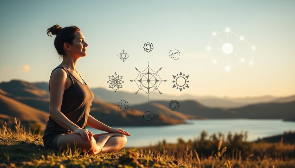 A serene landscape with rolling hills, a clear sky, and a tranquil lake reflecting the natural beauty. In the foreground, a person sits in a meditative pose, their eyes closed and their expression peaceful, symbolizing the integration of spiritual and psychological elements. Soft, warm lighting illuminates the scene, creating a calming atmosphere. In the middle ground, various symbols representing different belief systems and psychological concepts blend harmoniously, suggesting the interconnectedness of these domains. The background features a constellation of celestial bodies, hinting at the cosmic and metaphysical dimensions of this integration. The overall composition conveys a sense of balance, harmony, and personal growth.