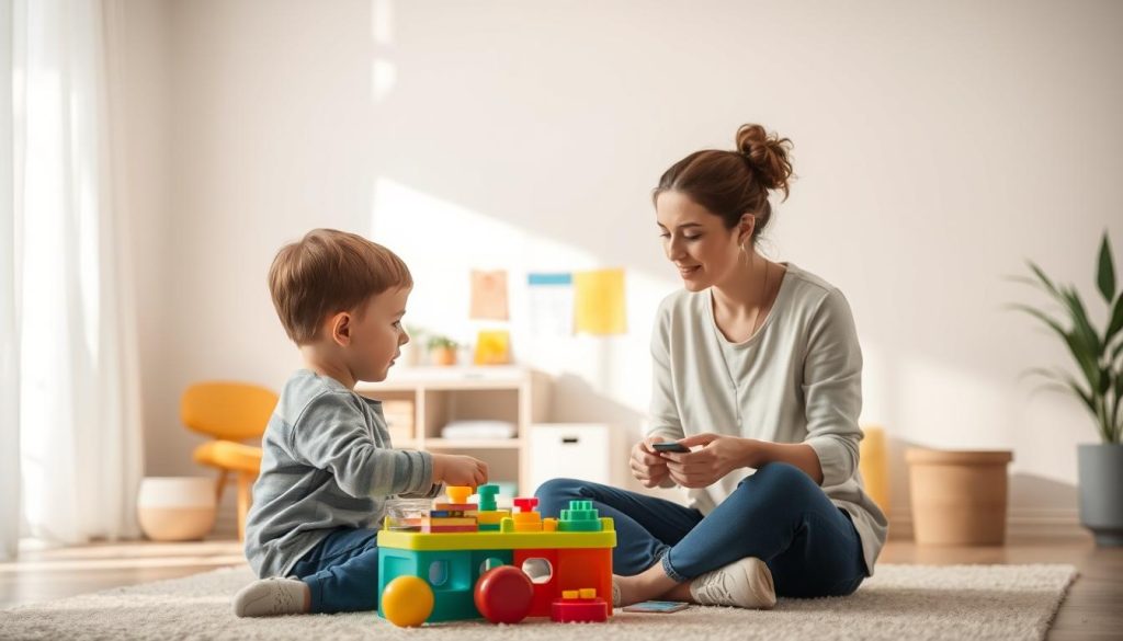 A serene, light-filled room with gentle, natural illumination. In the foreground, a child and a therapist engage in one-on-one ABA therapy, using colorful toys and engaging activities to reinforce positive behaviors. The middle ground features visual aids, such as schedules and reward systems, guiding the session. In the background, a calming, pastel-toned environment with soothing textures and shapes, creating a nurturing and supportive atmosphere. The scene conveys a sense of focused collaboration, progress, and the transformative power of positive reinforcement strategies in ABA therapy.