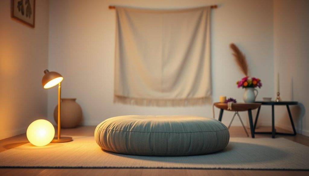 A serene meditation setup in a cozy, well-lit room. A plush, round meditation cushion takes center stage, inviting the practitioner to sit in a comfortable, cross-legged position. Soft, warm lighting from a tabletop lamp casts a gentle glow, creating a tranquil atmosphere. In the background, a minimalist, soothing wall hanging or tapestry adds a touch of Eastern-inspired elegance. The room is sparsely decorated, allowing the focus to remain on the act of meditation. A small table nearby holds a bowl of fresh flowers, a candle, and perhaps a mala or other symbolic item, enhancing the sacred and contemplative mood. The overall scene evokes a sense of peace, introspection, and a journey inward towards emotional well-being.