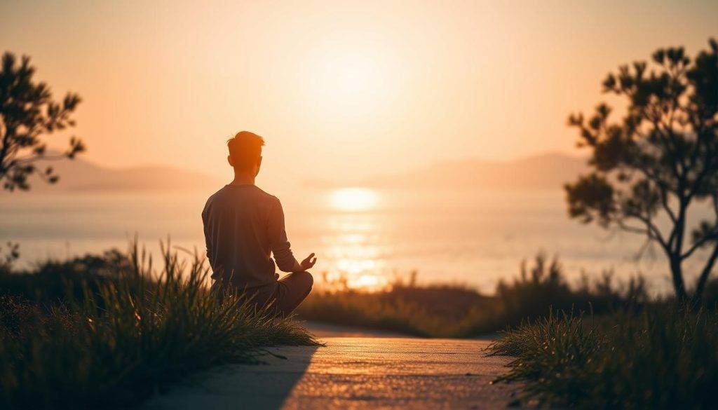 A serene, minimalist landscape with a central focus on a person in deep contemplation, gazing out over a tranquil lake or ocean. The scene is bathed in warm, golden light, creating a sense of introspection and inner clarity. In the foreground, a path or bridge leads the viewer's eye towards the contemplative figure, symbolizing the journey of personal growth. The background features muted, soft-focused elements that support the meditative mood, such as gently swaying trees, distant mountains, or a subtle horizon line. The overall composition conveys a sense of balance, perspective, and the transformative power of mindset and outlook.