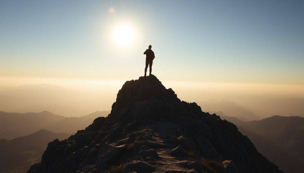 A serene, minimalist landscape with a lone figure standing atop a rugged, sun-dappled mountain peak, facing a hazy, distant horizon. Soft, warm lighting casts a gentle glow, conveying a sense of inner resolve and personal empowerment. The figure's silhouette is strong and confident, radiating a quiet determination to overcome the challenges before them. In the foreground, a winding path leads up the mountain, symbolizing the journey of personal growth and the practical steps one can take to connect with their inner strength. The overall atmosphere is one of introspection, resilience, and the transformative power of facing and conquering life's obstacles.