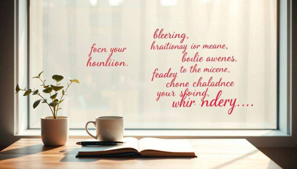A serene, minimalist morning scene with vibrant, hand-lettered affirmations floating gently in the foreground. Soft, warm lighting filters through a large window, casting a calming glow across a simple desk setup with a journal, pen, and potted plant. The affirmations are rendered in an elegant cursive script, each word radiating positivity and inspiration. The overall atmosphere is one of tranquility and mindfulness, encouraging the viewer to start their day with intentional, uplifting thoughts.
