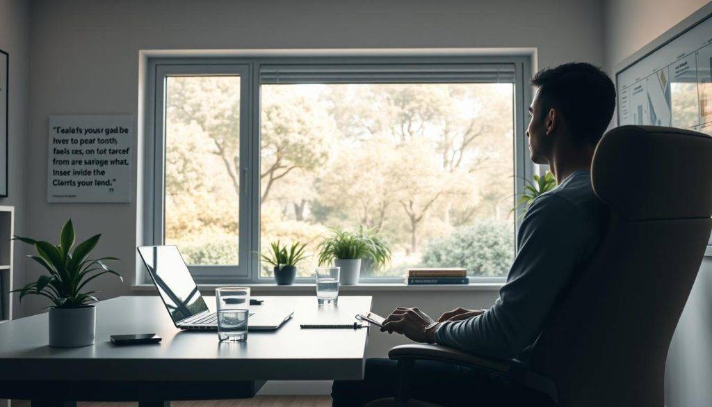 A serene, minimalist office workspace with a large window overlooking a tranquil garden. On the desk, a laptop, a planner, and a glass of water. In the foreground, a person sitting in a comfortable chair, intently focused on their goals, visualizing their path to success. Soft, diffused lighting creates a warm, contemplative atmosphere. The walls are adorned with inspirational quotes and diagrams illustrating goal-setting techniques. An air of clarity and determination permeates the scene.