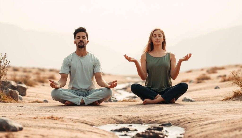 A serene, minimalist scene depicting common humanity and mindfulness. In the foreground, two individuals - one male, one female - sit cross-legged, eyes closed, palms upturned in a meditative pose. Their expressions convey a sense of inner peace and presence. The middle ground features a simple, uncluttered landscape with muted tones and natural elements like rocks, plants, and a gently flowing stream. The background showcases a soft, hazy sky with muted colors, creating a calming, contemplative atmosphere. The lighting is soft and diffused, casting a warm, natural glow on the scene. The overall composition emphasizes simplicity, harmony, and the shared experience of self-reflection and inner growth.