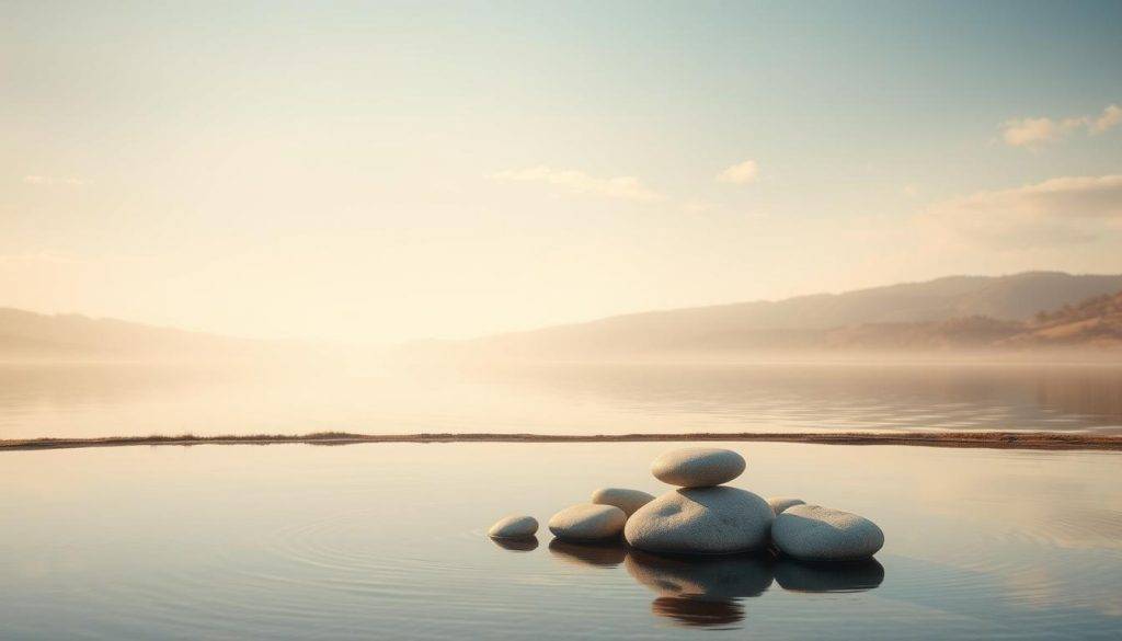 A serene, minimalist scene depicting the concept of emotional resilience. In the foreground, a tranquil pond reflects the sky above, symbolizing inner calm and clarity. On the shoreline, a group of smooth stones in muted earth tones represent the "wise mind" strategies - grounded, stable, and unshakable. Diffused, golden-hued lighting filters through, conveying a sense of warmth and hope. In the background, a gently rolling landscape of soft hills and trees adds a feeling of expansiveness and possibility. The overall atmosphere is one of centered focus, resilience, and inner strength in the face of life's challenges.