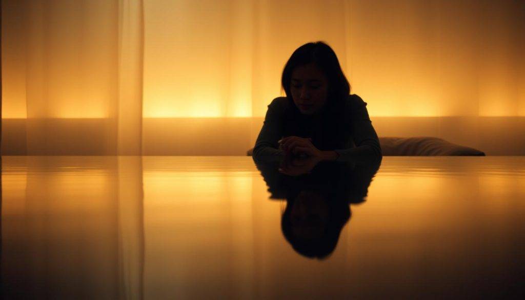 A serene, minimalist scene of a person gazing at their reflection in a still, mirrored surface. The subject is sitting in a dimly lit, cozy room, surrounded by soft, warm lighting that casts a gentle glow. The reflection in the water-like surface is sharp and clear, revealing the person's thoughtful expression as they ponder their sense of self and connection with the present moment. The background is hazy and out of focus, creating a sense of introspection and inner focus. The overall mood is one of tranquility, self-awareness, and personal growth.