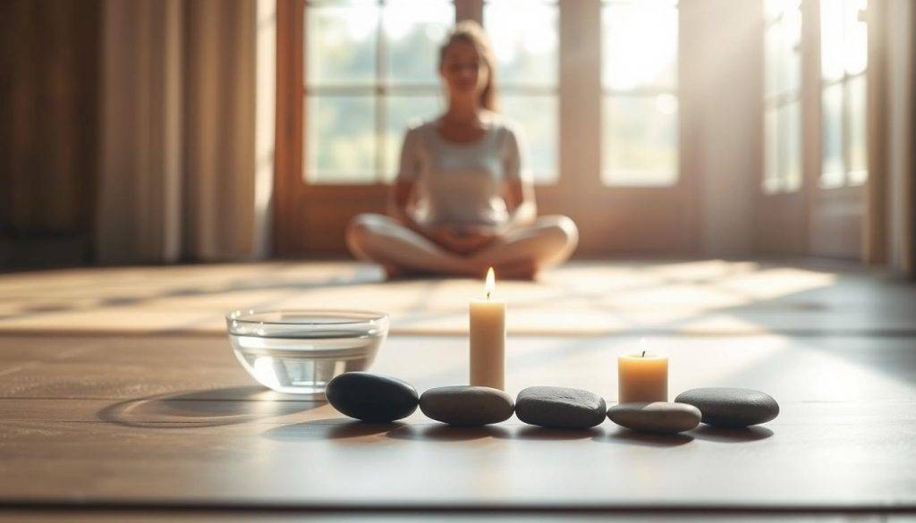 A serene, minimalist scene of a person practicing daily release and letting go. In the foreground, a person sits cross-legged on a wooden floor, their hands resting gently on their lap, eyes closed in peaceful meditation. The lighting is soft and natural, filtering in through large windows, casting a warm, soothing glow. In the middle ground, a few simple, uncluttered objects are placed - a small bowl of water, a few smooth river stones, and a single lit candle, its flame flickering softly. The background is blurred, suggesting a tranquil, secluded space, perhaps a private room or a serene, nature-inspired setting. The overall mood is one of calm, introspection, and a sense of letting go, perfectly capturing the essence of the "Daily Practices and Techniques to Let Go" section.