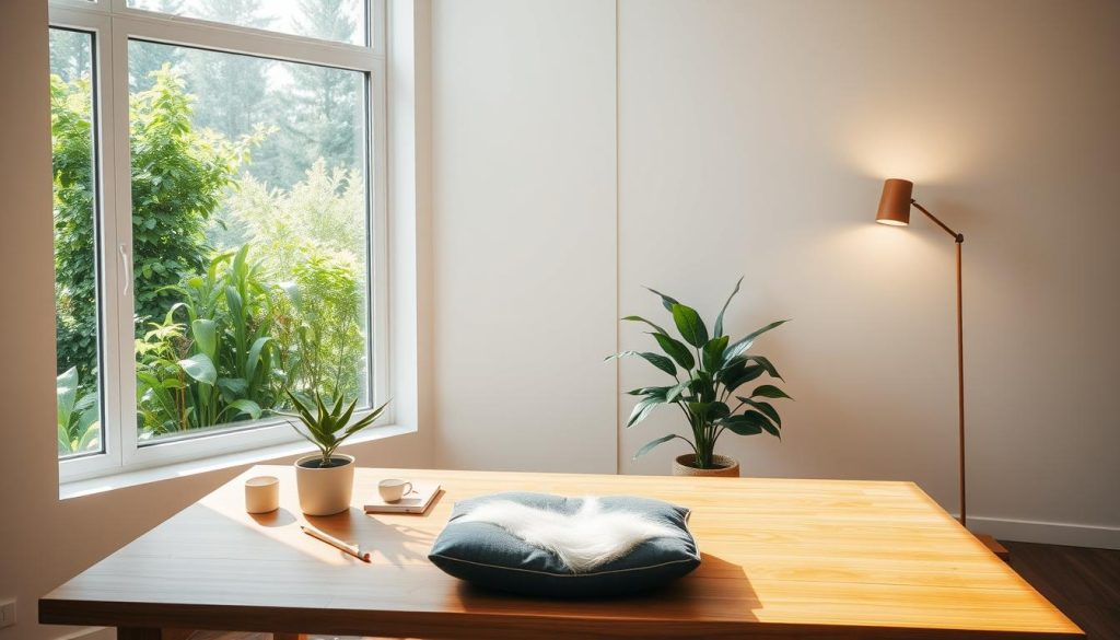 A serene, minimalist workspace bathed in soft, natural light. In the foreground, a wooden desk with a single potted plant, a peaceful meditation cushion, and a few essential office supplies. In the middle ground, a large window overlooking a lush, verdant garden, inviting tranquility. The background features neutral-toned walls, accentuated by the warm glow of a floor lamp, creating a calming, introspective atmosphere. The overall scene evokes a sense of mindfulness, simplicity, and a retreat from the outside world, perfect for focused, contemplative work.