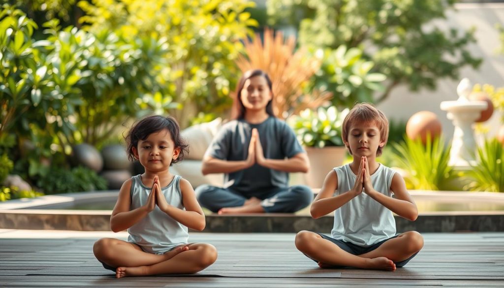 A serene, multi-generational scene of mindfulness practices. In the foreground, a young child sits cross-legged, eyes closed, hands in a peaceful mudra. Behind them, an elderly person gracefully flows through tai chi movements, exuding tranquility. In the middle ground, a teenager meditates, surrounded by lush greenery and a calming water feature. The lighting is soft and natural, bathing the scene in a warm, golden glow. The composition is balanced, with a sense of harmony and interconnectedness, showcasing mindfulness techniques that can be adapted for all ages and lifestyles.