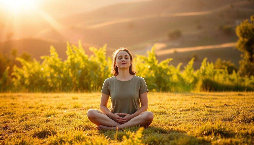 A serene outdoor scene, bathed in soft, golden light from the setting sun. In the foreground, a person sits cross-legged on the grass, eyes closed, hands resting peacefully in their lap. Their expression radiates a sense of tranquility and inner contentment. In the middle ground, lush, verdant foliage sways gently in a light breeze, creating a soothing, natural backdrop. The background features a landscape of rolling hills, their slopes painted in the warm hues of the evening sky. An overall atmosphere of gratitude, presence, and the simple joys of living in the moment.