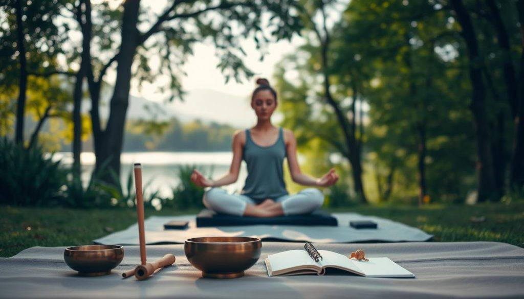 A serene outdoor scene with a person sitting cross-legged on a meditation cushion, surrounded by lush greenery and a tranquil lake. Soft, diffused natural lighting filters through the trees, casting a peaceful ambiance. In the foreground, various mindfulness tools are arranged, such as a singing bowl, incense, and a minimalist journal. The middle ground features the meditating figure, their eyes closed and expression calm, embodying a sense of focus and inner stillness. The background showcases a distant, hazy mountain range, evoking a sense of expansiveness and grounding. Overall, the image conveys a calming, restorative atmosphere conducive to stress relief and finding mental clarity.
