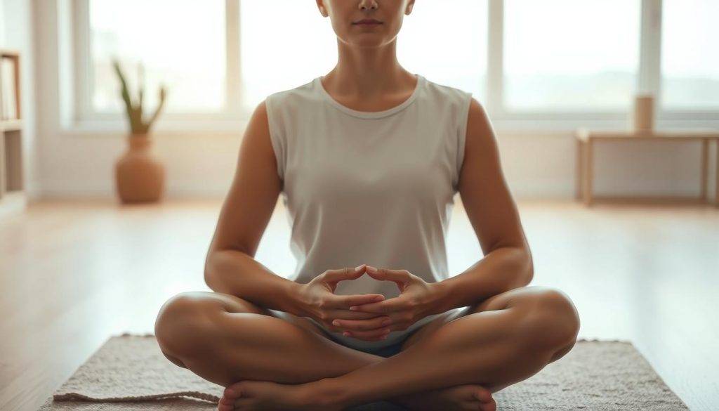 A serene scene of a person sitting in a comfortable cross-legged position, deeply immersed in meditation. The foreground features the meditator's hands resting gently on their lap, with a soft, warm light illuminating their face and creating a peaceful, introspective mood. The middle ground showcases a minimalist, uncluttered environment, perhaps a simple room with natural elements like plants or a calming view through a window. The background gently fades into a dreamy, ethereal landscape, hinting at the connection between the physical and spiritual realms. The overall atmosphere is one of tranquility, focus, and the seamless integration of meditation into daily life.