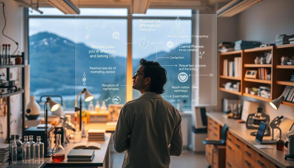 A serene scientific laboratory with an array of scientific instruments and equipment, including beakers, test tubes, microscopes, and other lab apparatus. The scene is bathed in a warm, soft lighting, creating a contemplative and insightful atmosphere. In the foreground, a researcher stands in deep thought, surrounded by a holographic display showcasing positive affirmations and research findings. The middle ground features a desk with books, journals, and a laptop, suggesting an environment of ongoing scientific inquiry and discovery. The background depicts shelves filled with reference materials and a large window overlooking a picturesque natural landscape, evoking a sense of connection between scientific knowledge and the natural world.