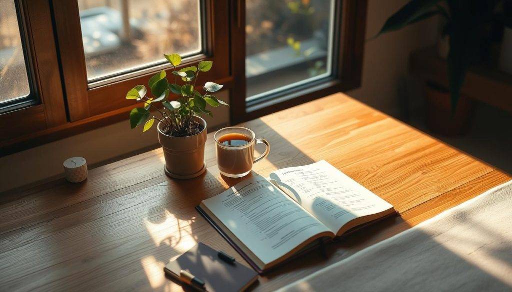 A serene study nook with a wooden desk, a potted plant, and a cup of tea. On the desk, a journal lies open, inviting daily reflection. The afternoon sun streams in through a large window, casting a warm glow and creating soft shadows. Minimalist decor and natural textures evoke a sense of tranquility and mindfulness. The overall atmosphere encourages introspection and personal growth.