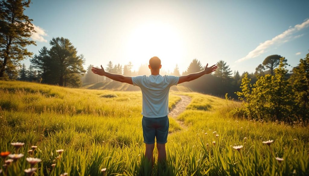 A serene, sun-dappled meadow, lush with verdant grasses and wildflowers. In the foreground, a person standing with their arms outstretched, facing the sun, their expression one of tranquility and purpose. Behind them, a winding path leads into a dense, mystical forest, symbolizing the journey of discovering one's values-aligned life plan. The lighting is soft and warm, casting a golden glow over the scene, conveying a sense of clarity and inner peace. The composition is balanced, with the figure positioned centrally, inviting the viewer to join them on this introspective exploration.
