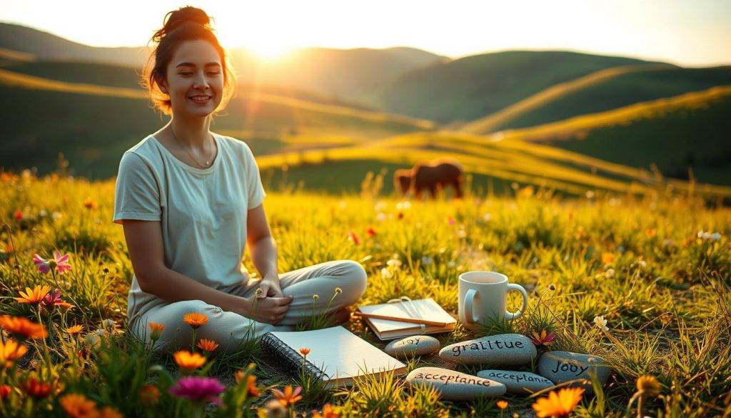 A serene, sun-dappled meadow, lush with vibrant wildflowers. In the foreground, a person sits cross-legged, their face aglow with a peaceful expression, hands resting gently on their lap. Soft, warm light caresses their features, conveying a sense of tranquility and mindfulness. In the middle ground, a scattering of meaningful objects - a journal, a mug of tea, and a few stones inscribed with words like "gratitude," "joy," and "acceptance." The background is a tapestry of rolling hills, their verdant slopes bathed in the golden hour hues of a setting sun. An atmosphere of contemplation, self-reflection, and the profound benefits of a grateful heart permeates the scene.