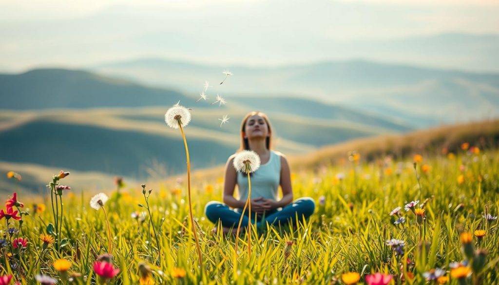 A serene, sun-dappled meadow with lush, swaying grasses and vibrant wildflowers. In the foreground, a person sits cross-legged, eyes closed, hands resting palms-up on their lap, exuding a sense of tranquility and inner focus. Soft, diffused lighting creates a warm, calming atmosphere, as if time has slowed to a gentle, meditative pace. In the middle ground, delicate dandelion seeds drift through the air, symbolizing the act of letting go. The background features rolling hills and a distant, hazy horizon, conveying a profound sense of expansiveness and possibility. The overall scene evokes a visual metaphor for the techniques of letting go - a journey towards inner peace and personal growth.