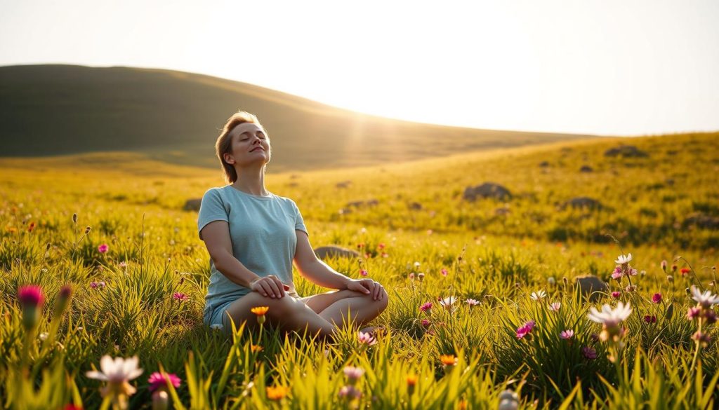 A serene, sun-dappled meadow with lush, verdant grass and vibrant wildflowers. In the foreground, a person sits cross-legged, eyes closed, radiating an inner glow of self-acceptance and contentment. Their expression is peaceful, reflecting a profound sense of self-validation. The background features a gently rolling hill, bathed in warm, golden light, symbolizing the journey towards self-belief. The scene exudes a sense of harmony, inviting the viewer to feel the tranquility and empowerment of the internal validation process.