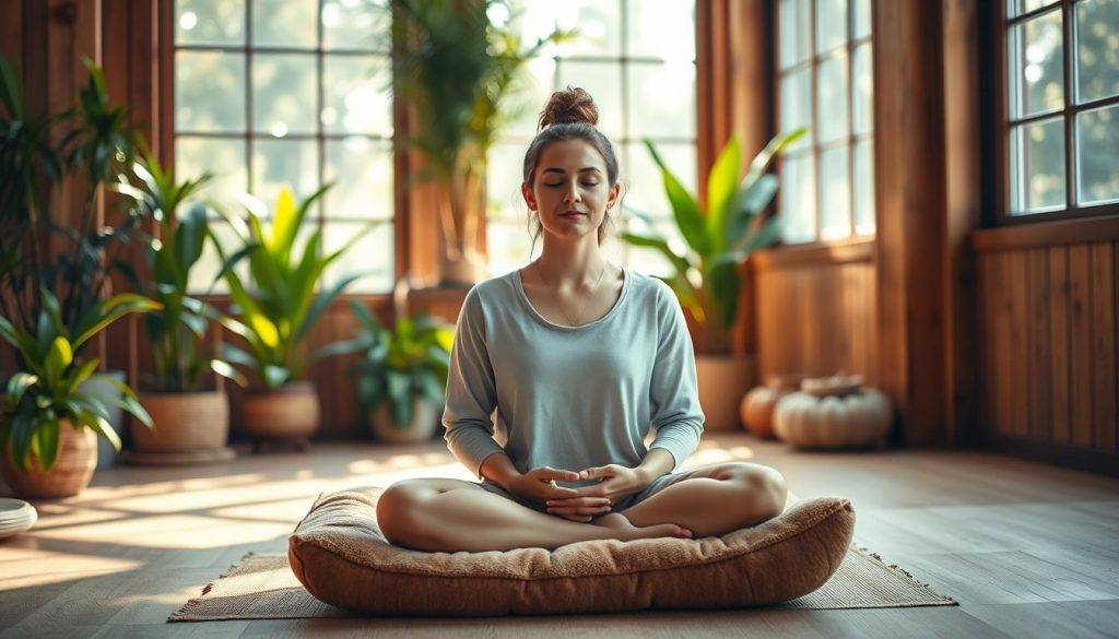 A serene, sun-dappled meditation space, with a person sitting in a comfortable lotus position on a plush, earthy-toned cushion. Warm, diffused lighting filters through large windows, casting a peaceful glow. The background features lush, verdant plants and natural wood accents, creating a calming, nature-inspired ambiance. The meditator's expression is one of deep focus and tranquility, their hands resting gently in their lap. The scene evokes a sense of grounded, embodied awareness and self-compassion.