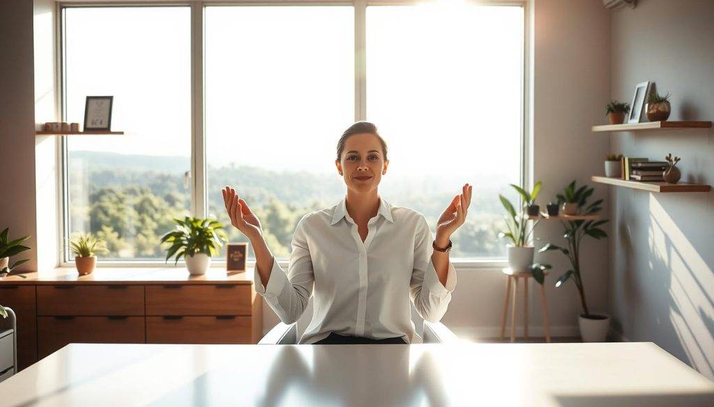 A serene, sun-dappled office space, with a large window overlooking a lush, verdant landscape. In the foreground, a professional seated at a sleek, minimalist desk, hands open in a gesture of release, their expression calm and focused. Soft, natural lighting filters through the space, creating a sense of tranquility and clarity. In the middle ground, shelves adorned with meaningful mementos and plants, hinting at a balanced, intentional approach to work and life. The background showcases a panoramic view of the outdoors, conveying a sense of freedom and possibility beyond the confines of the office. The overall mood is one of inner peace, professional accomplishment, and a harmonious integration of work and personal fulfillment.