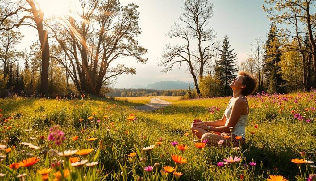 A serene, sun-drenched meadow, lush with vibrant wildflowers. In the foreground, a person sits cross-legged, eyes closed, their expression peaceful and contemplative. Rays of warm light filter through the surrounding trees, casting a soft, golden glow. In the middle ground, a path winds through the scene, leading the viewer's gaze towards the horizon, where distant mountains rise majestically. The overall mood is one of harmony and balance, where the individual's inner desires and outward actions are fully aligned.