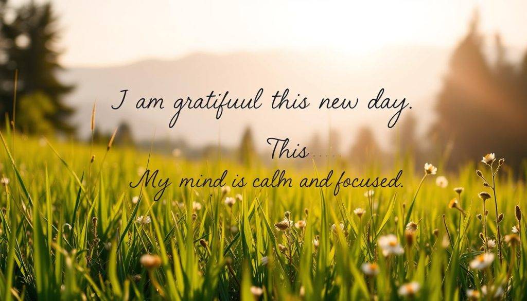 A serene, sun-drenched meadow with lush, verdant grasses and delicate wildflowers in the foreground. In the middle ground, a beautifully handwritten cursive script displays a selection of uplifting, positive morning affirmations, such as "I am grateful for this new day" and "My mind is calm and focused." The background features a distant, hazy mountain range bathed in soft, warm light, conveying a sense of tranquility and inner peace. The overall mood is one of mindfulness, inspiration, and a gentle start to the day.