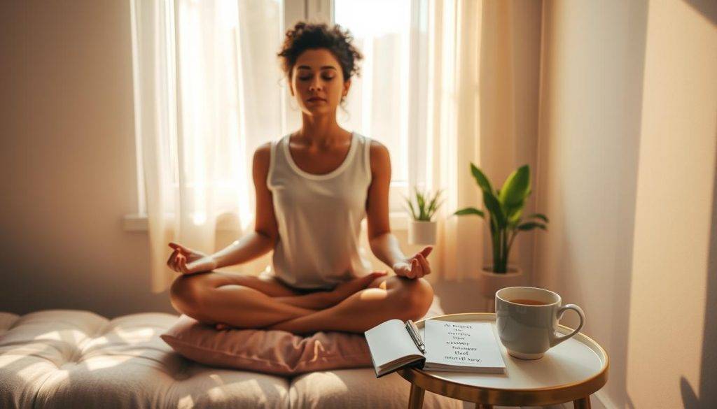 A serene, sunlit room with a cozy window nook. In the foreground, a person sits cross-legged on a plush cushion, eyes closed in meditation, hands resting gently on their lap. Warm, natural lighting filters through the sheer curtains, casting a peaceful glow. On a small side table, a notebook, a cup of herbal tea, and several affirmation cards are neatly arranged. The background features a minimalist, calming color palette, with a few houseplants adding a touch of greenery. The overall atmosphere is one of tranquility and introspection, reflecting the morning affirmations routine.