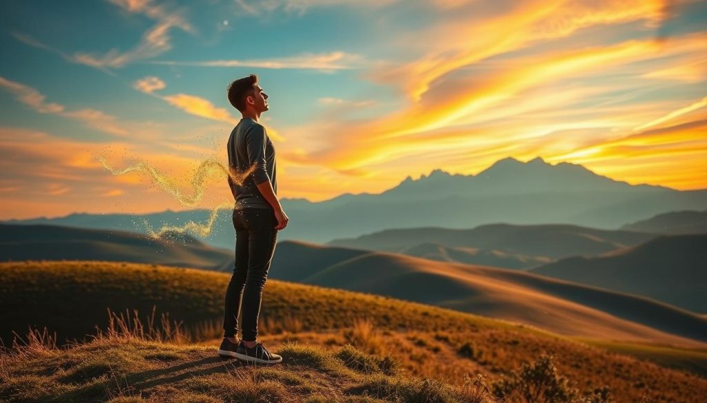 A serene, warm-lit landscape with rolling hills and a vibrant sky. In the foreground, a person standing tall, radiating inner strength and determination, their gaze fixed on the horizon. Surrounding them, delicate wisps of light dance, symbolizing the process of overcoming negative self-talk. The middle ground features a path winding through the landscape, inviting the viewer to embark on a journey of self-discovery. In the background, a majestic, awe-inspiring mountain range stands as a reminder of the boundless potential within. Subtle, inspirational textures and a sense of tranquility permeate the scene, conveying a message of empowerment and personal growth.