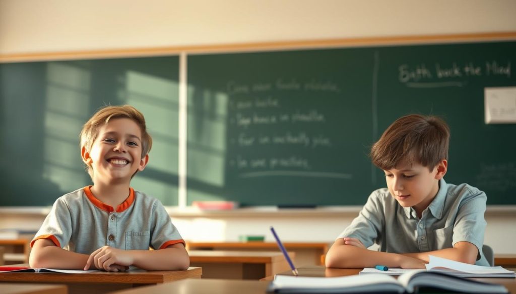 A serene, well-lit classroom setting with a chalkboard in the background. In the foreground, two students are engaged in learning activities - one student is beaming with enthusiasm, actively participating, while the other student appears disinterested and withdrawn. The positive student is surrounded by vibrant, uplifting visuals, while the negative student is enveloped in a more muted, subdued atmosphere. The lighting is soft and natural, casting a warm glow on the scene. The camera angle is slightly elevated, providing a broad, encompassing view of the contrasting experiences of positive and negative reinforcement in an educational environment.