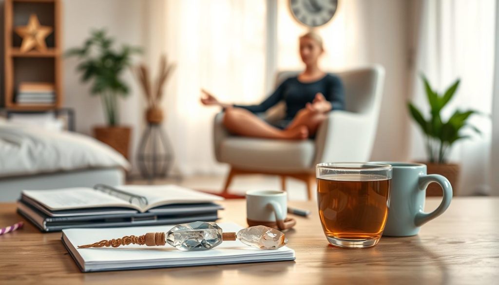 A serene workspace with a variety of self-care tools arranged in the foreground, including a journal, a crystal, a candle, and a cup of tea. In the middle ground, a person sits in a comfortable chair, meditating or practicing mindfulness. The background is filled with soft, natural light, creating a warm and calming atmosphere. The overall scene conveys a sense of introspection, self-reflection, and the empowerment of one's inner strength and positive self-image.
