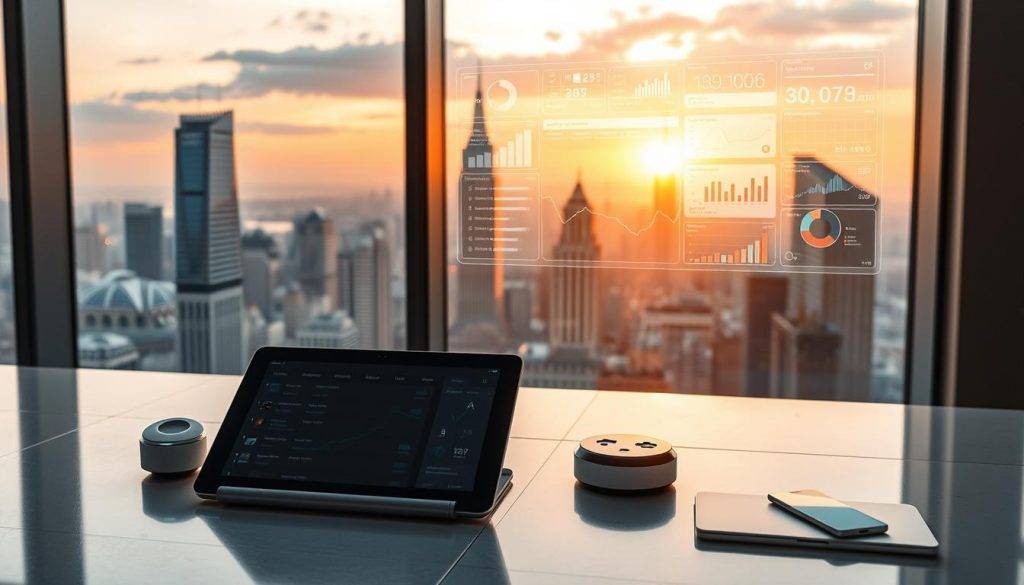 A sleek, futuristic workspace with a minimalist aesthetic. In the foreground, an array of AI-powered productivity tools - a stylish tablet, a voice assistant device, and a gesture-controlled interface. The middle ground features a holographic display showcasing data visualizations and task management dashboards. The background is a panoramic window overlooking a bustling city skyline, bathed in the warm glow of a setting sun. The overall mood is one of efficiency, innovation, and a seamless integration of cutting-edge technology into the modern work environment.