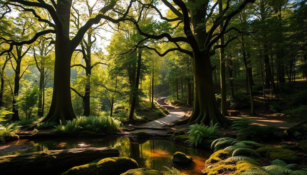 A sun-dappled forest glade, with towering ancient trees casting soft shadows. In the foreground, a tranquil pond reflects the verdant canopy above. Moss-covered logs and ferns line the banks, inviting visitors to sit and commune with nature. In the middle ground, a winding path leads deeper into the woodland, disappearing into a lush, misty distance. Warm, golden light filters through the leaves, creating a serene, rejuvenating atmosphere. The scene evokes a sense of peace, mindfulness and a deep connection to the natural world - the essence of a premier forest bathing destination.