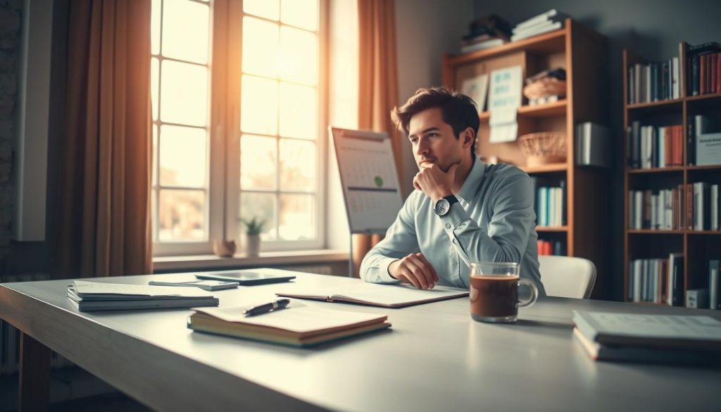 A thoughtful person sits at a clean, organized desk, deeply focused on their task. Warm, natural lighting filters through large windows, casting a serene glow. In the foreground, a notebook, pen, and a cup of coffee suggest a practical, methodical approach. The middle ground features a corkboard with neatly pinned notes and a calendar, symbolizing structure and planning. The background showcases a bookshelf filled with reference materials, hinting at a thirst for knowledge. The overall atmosphere conveys a sense of calm determination, reflecting the ethos of "Embracing a Practical Mindset for Achievement."