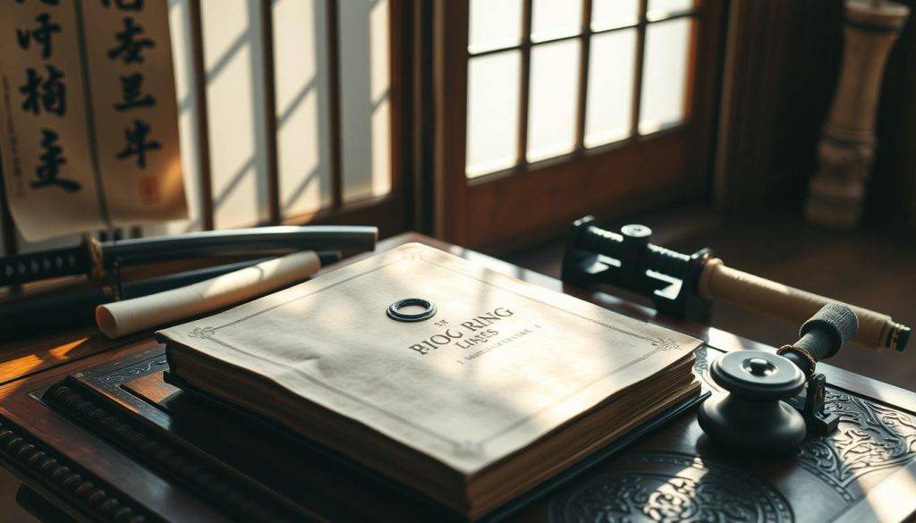 A timeless tactile tome, the "Book of Five Rings" rests atop an ornate wooden table, its worn leather cover exuding an aura of erudition. Delicate shafts of afternoon sunlight filter through a nearby window, casting a warm, contemplative glow upon the ancient text. Surrounding the book, a minimalist Japanese-inspired tableau, with calligraphic scrolls, a sheathed katana, and a solitary inkstone, inviting the viewer to immerse themselves in the wisdom and strategy of the legendary swordsman, Miyamoto Musashi. A timeless tactile tome, the "Book of Five Rings" rests atop an ornate wooden table, its worn leather cover exuding an aura of erudition. Delicate shafts of afternoon sunlight filter through a nearby window, casting a warm, contemplative glow upon the ancient text. Surrounding the book, a minimalist Japanese-inspired tableau, with calligraphic scrolls, a sheathed katana, and a solitary inkstone, inviting the viewer to immerse themselves in the wisdom and strategy of the legendary swordsman, Miyamoto Musashi.