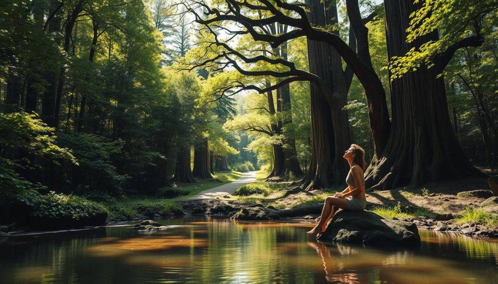 A tranquil forest glade, sunlight filtering through lush, verdant foliage. In the foreground, a serene pool of water, its surface reflecting the surrounding trees. A person sits on a rock, eyes closed, deeply inhaling the earthy scents of the forest. The middle ground features a meandering path, inviting the viewer to explore and immerse themselves in the natural environment. Towering ancient trees line the background, their branches creating a canopy of dappled light. The overall scene exudes a sense of calm and restorative energy, capturing the essence of the health benefits of forest bathing.