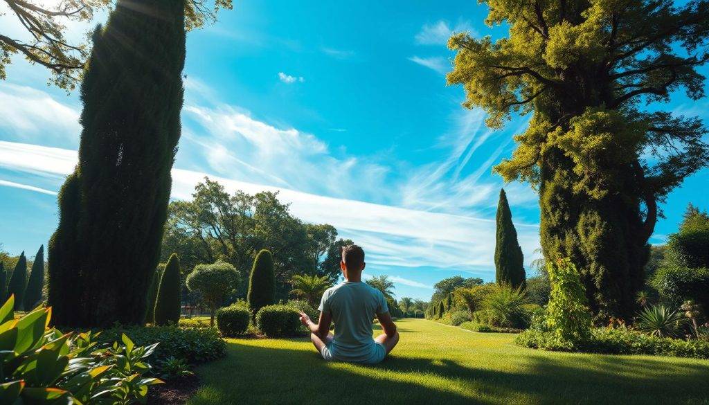 A tranquil garden oasis, sunlight dappling through lush foliage. In the foreground, a serene figure sits in a meditative pose, exuding an aura of self-assurance and inner peace. Wispy clouds drift across a cerulean sky, symbolizing the expansiveness of one's potential. In the middle ground, a path winds invitingly, suggesting the journey of personal growth and achievement. Tall, verdant trees frame the scene, their strong, stable trunks mirroring the subject's sense of worthiness and resilience. The overall atmosphere is one of harmony, balance, and the belief in one's own ability to succeed.
