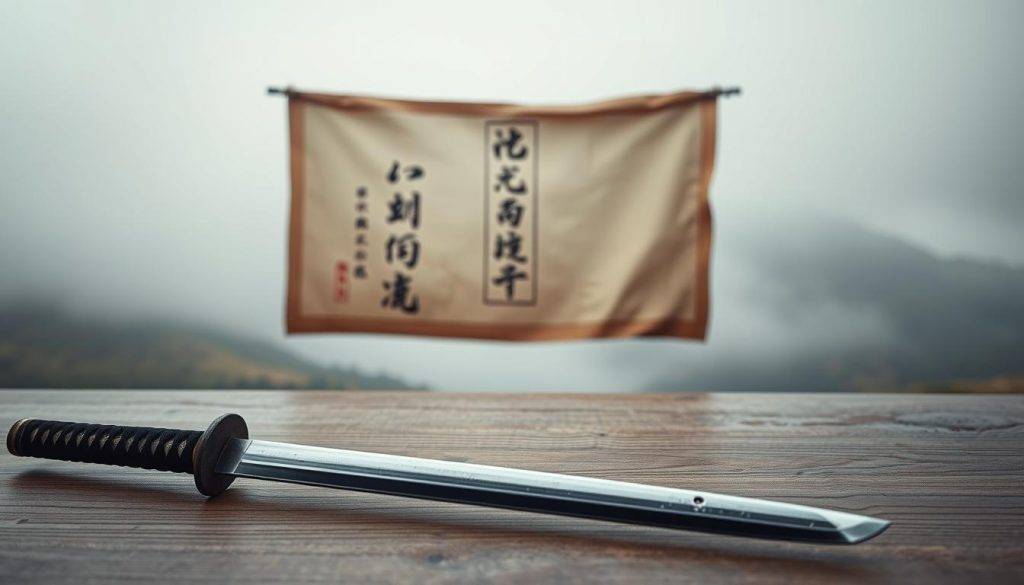 A tranquil, minimalist scene of a samurai's philosophical principles. In the foreground, a worn katana blade rests on a wooden table, its polished surface reflecting the muted light. In the middle ground, a calligraphic scroll unfurls, revealing the elegant brushstrokes of Miyamoto Musashi's iconic maxims. The background is a subdued, mist-shrouded landscape, evoking the serene, contemplative atmosphere of the samurai's Way. The lighting is soft and diffused, casting a warm, contemplative glow over the scene. The composition is balanced and harmonious, mirroring the principles of strategy and discipline that defined the samurai philosophy. A tranquil, minimalist scene of a samurai's philosophical principles. In the foreground, a worn katana blade rests on a wooden table, its polished surface reflecting the muted light. In the middle ground, a calligraphic scroll unfurls, revealing the elegant brushstrokes of Miyamoto Musashi's iconic maxims. The background is a subdued, mist-shrouded landscape, evoking the serene, contemplative atmosphere of the samurai's Way. The lighting is soft and diffused, casting a warm, contemplative glow over the scene. The composition is balanced and harmonious, mirroring the principles of strategy and discipline that defined the samurai philosophy.