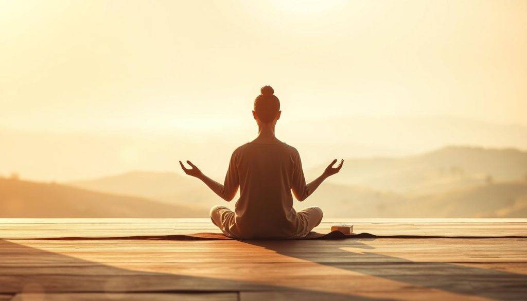A tranquil scene of a meditation practice steeped in ancient traditions. In the foreground, a serene figure sits cross-legged, palms upturned in a gesture of openness and compassion. Warm, diffused lighting filters through a hazy, ethereal atmosphere, creating a sense of timelessness. In the middle ground, a peaceful landscape unfolds, with rolling hills and a distant horizon line that evokes a timeless, meditative quality. The background is blurred, allowing the viewer to focus on the central figure and the essence of the practice. The overall mood is one of deep introspection, inner calm, and a connection to the timeless wisdom of the past.