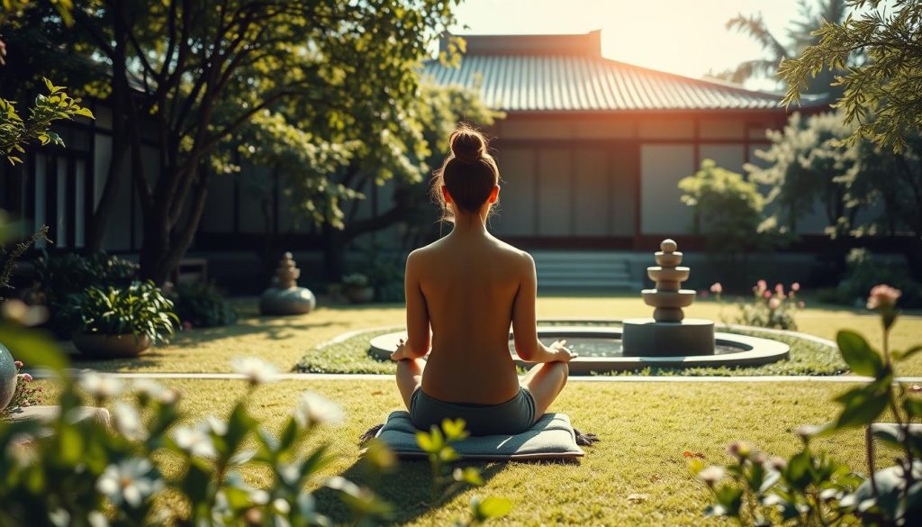 A tranquil scene of a serene meditation garden. In the foreground, a person sits cross-legged on a cushion, their eyes closed in deep contemplation. Soft natural lighting illuminates the scene, casting gentle shadows. The middle ground features a simple stone fountain, its calming water flow creating a soothing ambiance. Surrounding the central figure, lush green foliage and delicate flowers adorn the landscaping, exuding a sense of mindfulness and focus. In the background, a traditional Japanese architecture frames the scene, its clean lines and elegant design contributing to the overall atmosphere of inner peace and clarity.