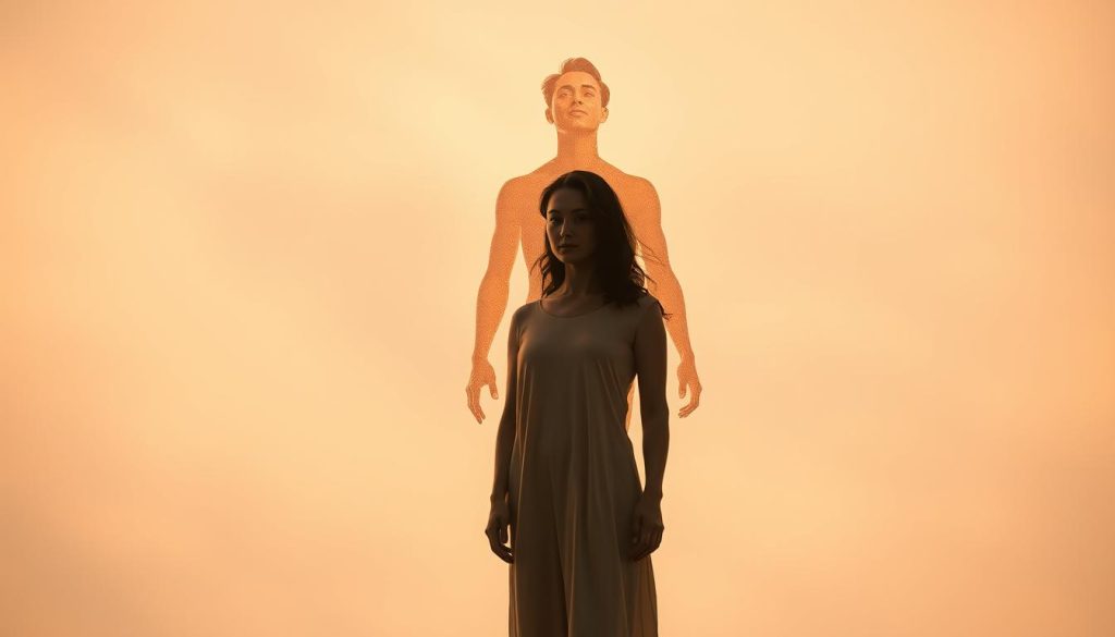 A tranquil scene set against a soft, ethereal background. In the foreground, a serene figure stands, representing self-worth - a sense of innate value and dignity. Contrasted behind them, a shimmering, translucent figure symbolizes self-esteem - the ever-fluctuating perception of one's worth. The two intertwine, yet maintain distinct identities, showcasing the nuanced relationship between these essential aspects of positive self-image. Warm, natural lighting casts a gentle glow, evoking a sense of self-acceptance and inner peace. The composition is balanced, with a sense of harmony and introspection, inviting the viewer to ponder the delicate balance between self-worth and self-esteem.
