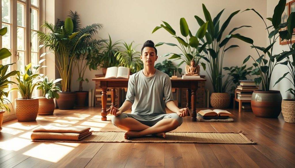 A tranquil study room bathed in soft, natural light. In the foreground, a meditating figure sits cross-legged, eyes closed, hands resting on their lap, exuding a sense of inner calm and focus. The middle ground features a wooden desk with various philosophical texts, meditation cushions, and a small statue of Buddha. The background is adorned with lush, green plants, creating a serene, contemplative atmosphere. The room has a warm, earthy color palette, conveying a sense of grounded spirituality. The overall composition evokes a harmonious blend of introspection, wisdom, and holistic well-being.