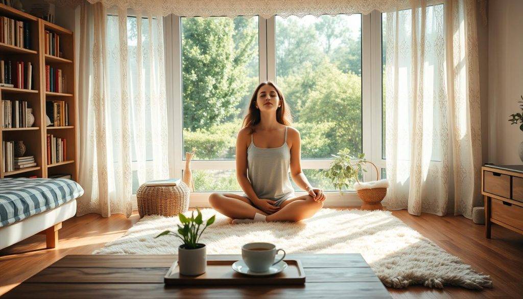 A tranquil, sun-dappled scene of a serene bedroom. In the foreground, a wooden table with a potted plant and a cup of steaming tea. At the center, a woman sitting cross-legged on a plush, cream-colored rug, her eyes closed in contemplation, as she recites her morning affirmations. Soft, natural light filters through delicate, lace-patterned curtains, casting a warm, calming glow. The background features a bookshelf filled with inspiring volumes and a large, panoramic window overlooking a lush, verdant garden. The overall atmosphere exudes a sense of peace, mindfulness, and a renewed focus for the day ahead.
