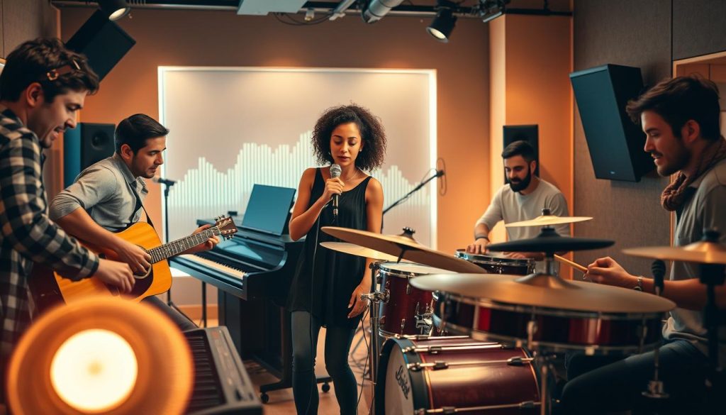 A vibrant and dynamic scene showcasing the collaborative nature of music. In the foreground, a diverse group of musicians – a guitarist, a pianist, a vocalist, and a drummer – intently engaged in a jam session, their expressions conveying deep focus and connection. The middle ground features a sleek, modern recording studio with state-of-the-art equipment, hinting at the technological advancements that enable today's music collaborations. In the background, a stylized visualizer pulses and undulates, representing the analytical aspects of music composition and production. The lighting is warm and natural, casting a cozy, creative atmosphere, while the camera angle is slightly elevated, providing a sense of observation and insight into the collaborative process.
